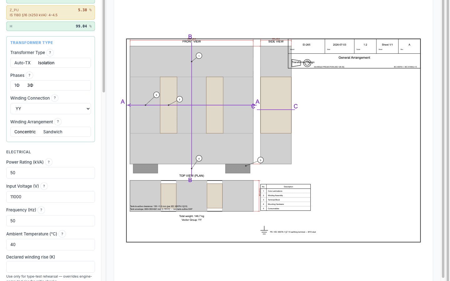 Auto-generated general-arrangement drawing sheet
